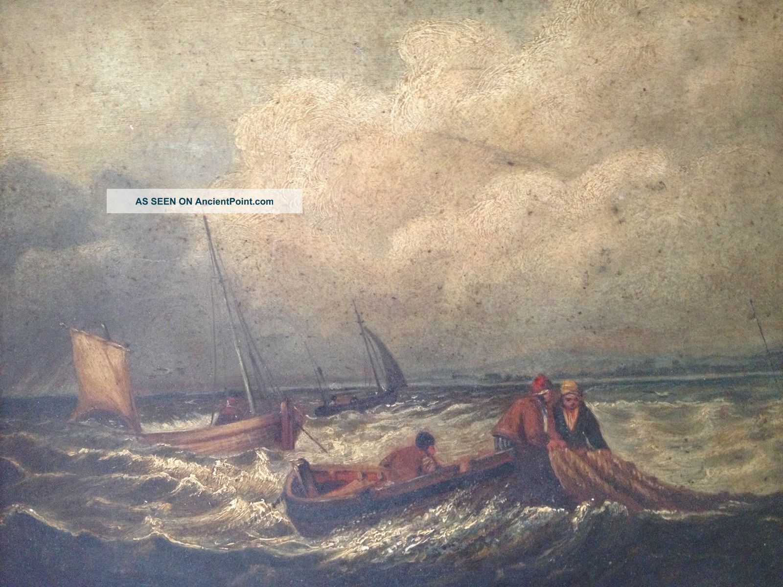 Fine Antique Irish 19thc Marine Oil Painting,  Bringing In The Nets Model Ships photo