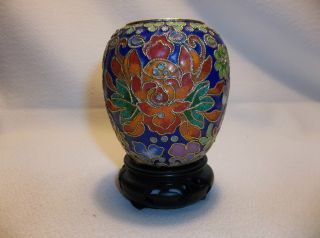 Vintage Chinese Cloisonne Enamel Gilt Vase Carved Wood Stand photo