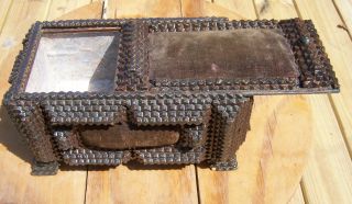 1890 ' S Antique Wood Delicado Cigar Tramp Art Sewing Box Sliding Pin Cushion Lid photo