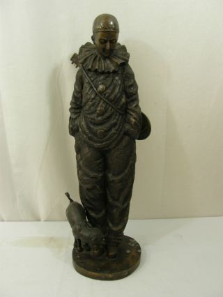 Fine Large Vintage Bronze Statue Sculpture Figure Of Clown With Cat photo