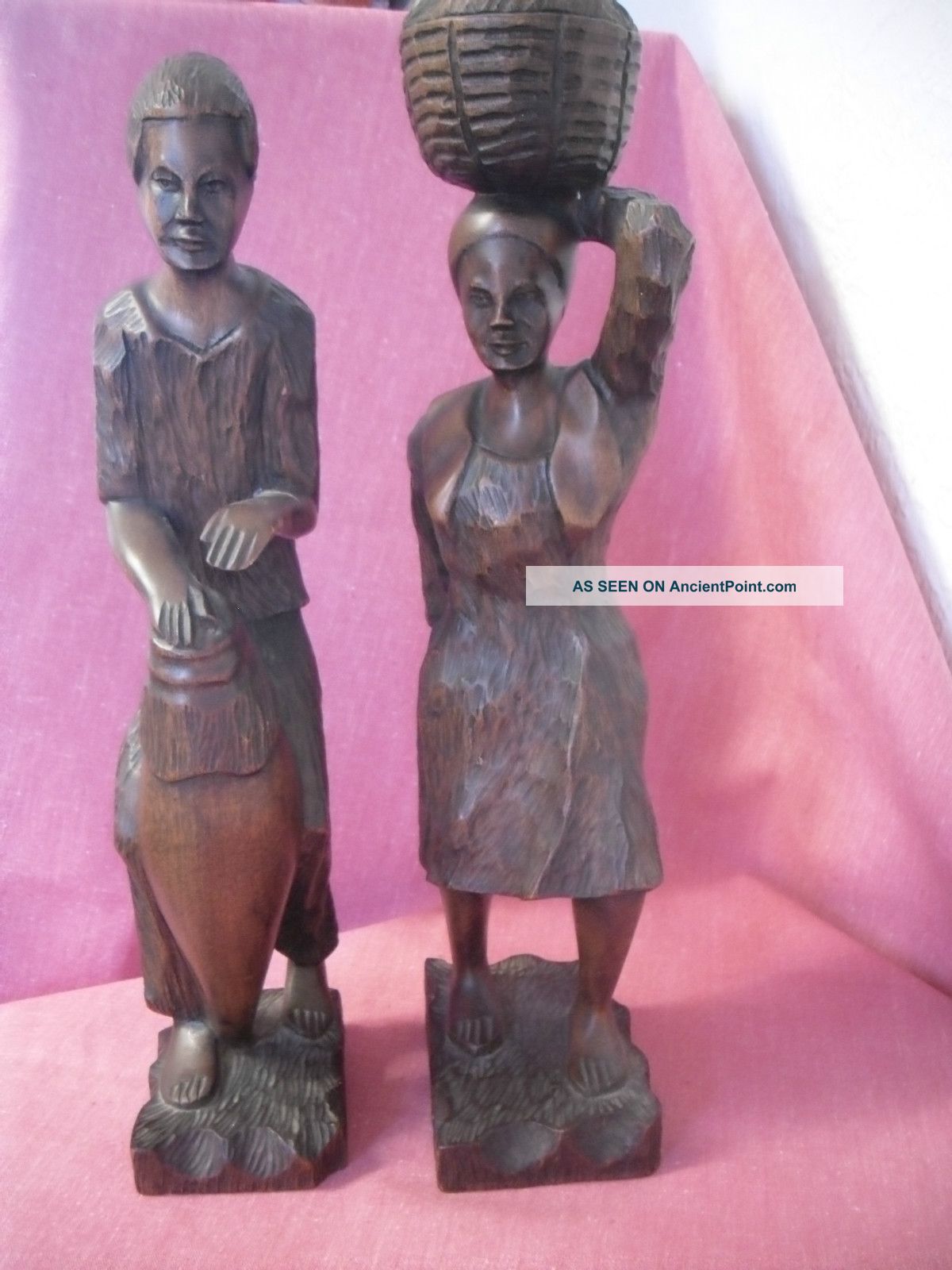 Pair Of Antique Hand Carved African Figures Drum Player And Food Carrier Rare Other photo