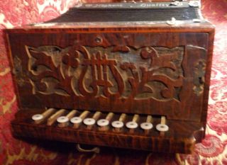 Antique Accordion Musical Instrument Old Vintage Wooden Wood Vulcan Germany photo