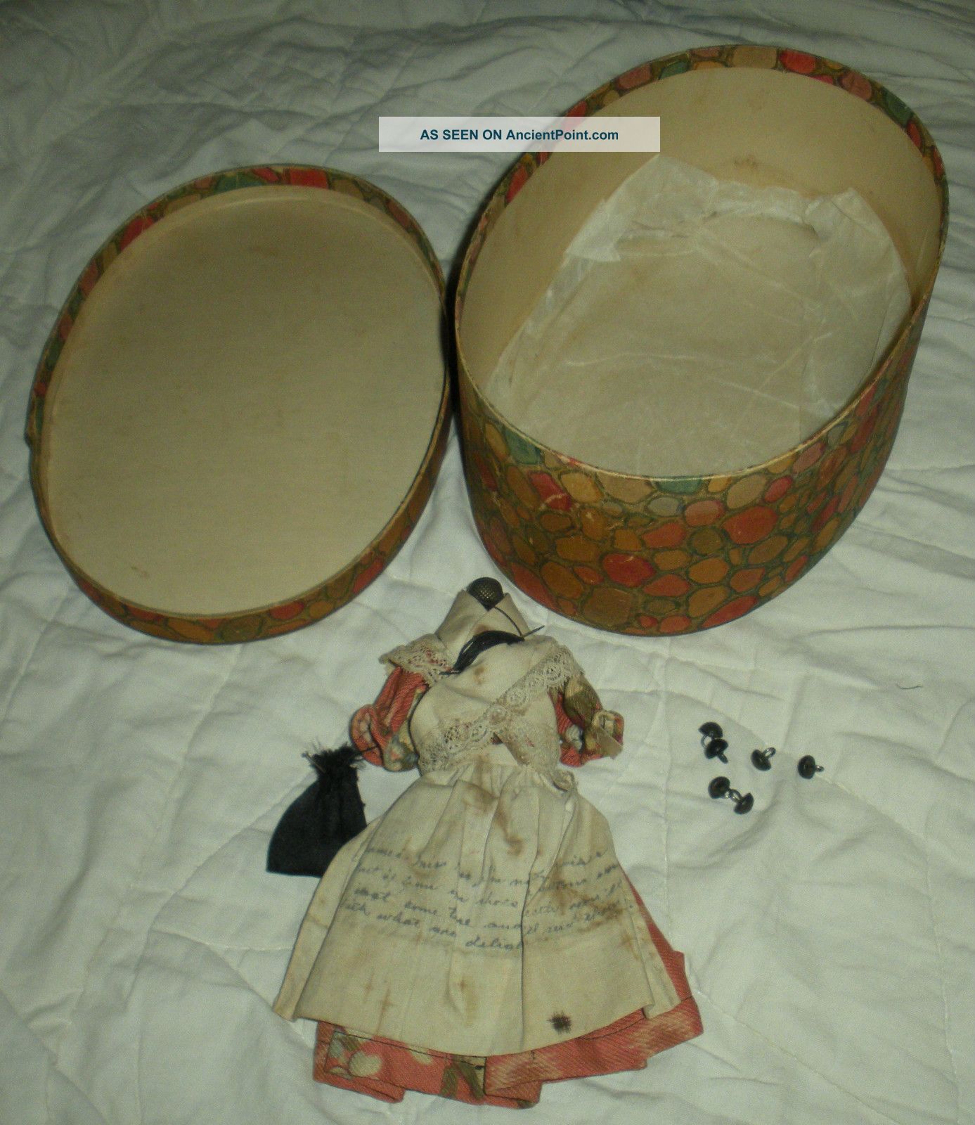 Antique 1800s - Early1900s Folk Art Doll / Thimble Holder W Box Written Note Vafo Primitives photo