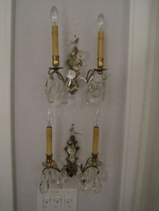 Pair Of Antique French Bronze & Austrian Crystal Wall Sconces Recently Rewired photo
