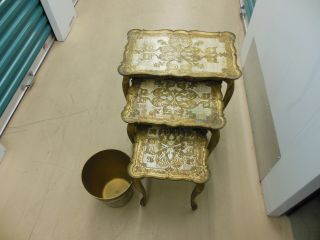 Set Of 3 Gold/ivory Nesting Tables Made In Italy With Waste Basket photo