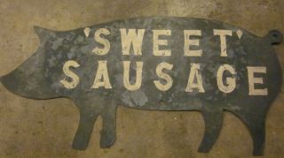 Vintage Tin Pig Trade Sign Old Meat Locker Butcher Shop Sweet Sausage photo