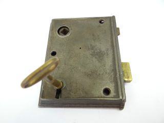 Antique Old Metal Iron Brass Door Deadbolt Lock Assembly With Brass Skeleton Key photo