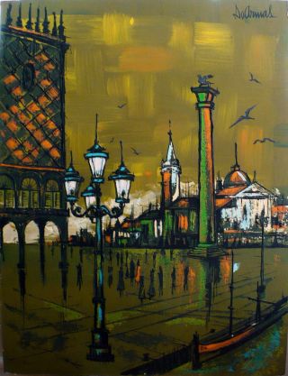 Striking Mid Century Abstract Cityscape Signed Dearmas Plaza Square photo