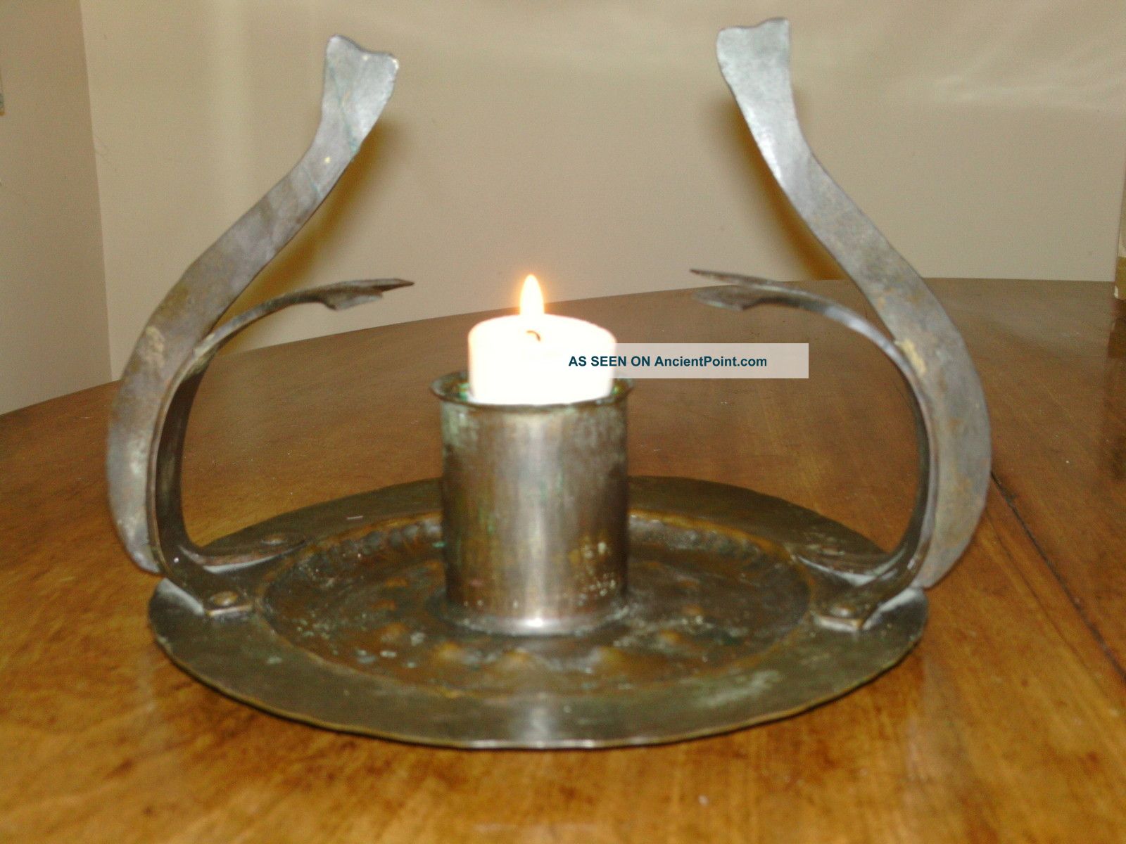 Antique Arts & Crafts Gothic Revival Candle Holder On Plate With Ornate Handles Arts & Crafts Movement photo