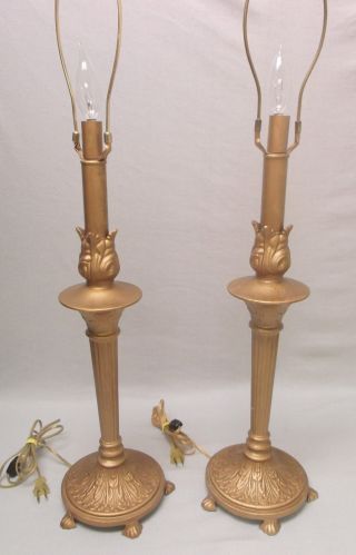 Vintage Pair Hollywood Regency Metal Tole Gold Gilt Ornate Table Lamps Shabby photo