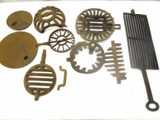 Large Antique Cast Iron Woodstove Grates Burners Collars Parts Lids Hardware photo