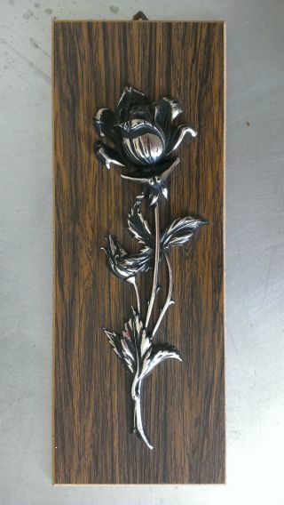 Vintage Retro Silvered Rose Wall Plaque Italian Faux Wood 1960s Romantic Kitsch photo