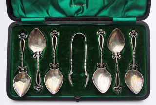 Antique English Liberty Style Art Nouveau Silver Hukin & Heath Sugar Spoon Tongs photo