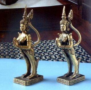 2pcs Kinnaree Mythical Creature Sawasdee Amulet Thai Brass Angel Charm Statue photo