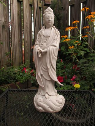 Antique Chinese Blanc De Chine Guanyin Statue Standing Kwan - Yin Dehua Porcelain photo