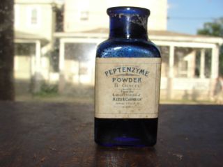 Cobalt Blue Peptenzyme Powder Medicine Bottle Reed & Carnrick Jersey City Nj photo
