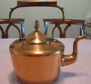 Antique English Copper Tea Kettle Dovetailed W Acorn Finial E V Wilkes 19th Cent photo