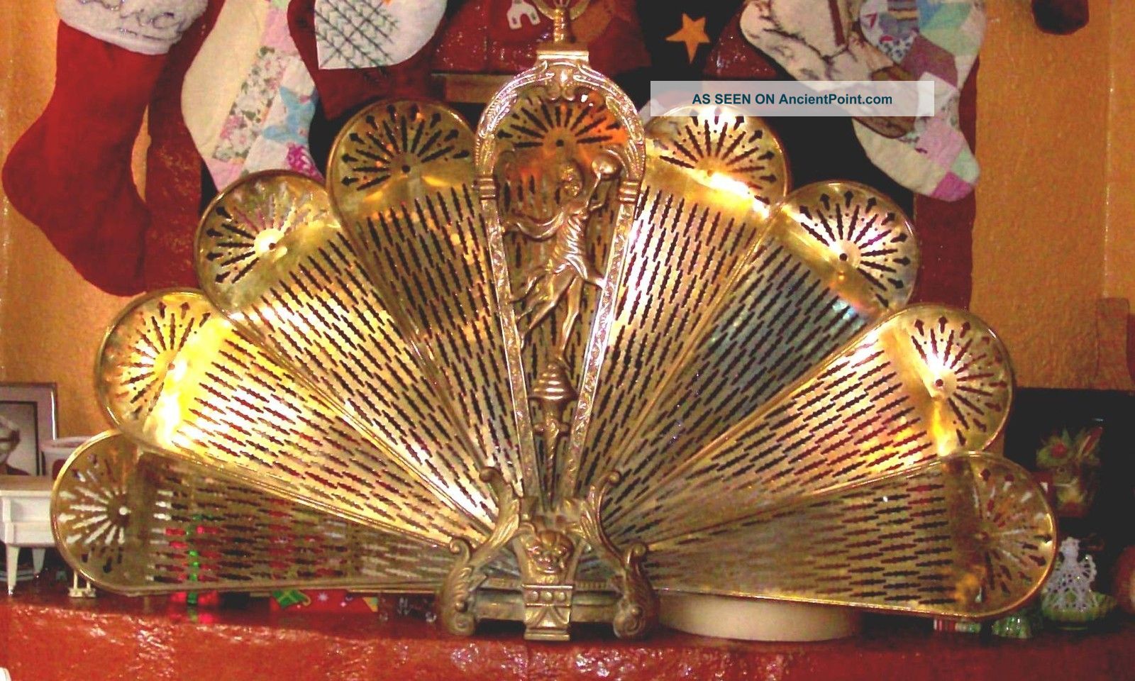 Antique Cast Brass Fan Fire Screen Geisha & Dragon Motif 34 
