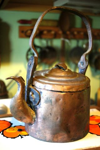 Primitive Antique Early Copper Tea Kettle Old Country Piece photo