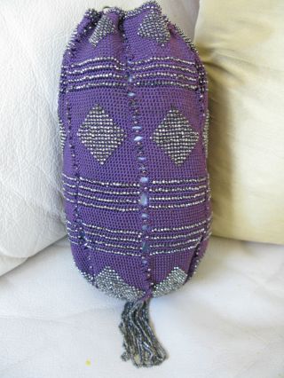 Antique Victorian Steel Beaded Purple Hand Crochet Reticule Drawstring Purse photo
