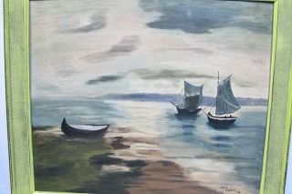 Vintage 1966 Oil On Board Painting Italian Sailboats Moored Myra Vicchio Nr Yqz photo