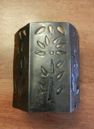 Vintage Folk Art Tin + Blown Glass Candle Holder Jar Handmade Riveted Punch Cut photo