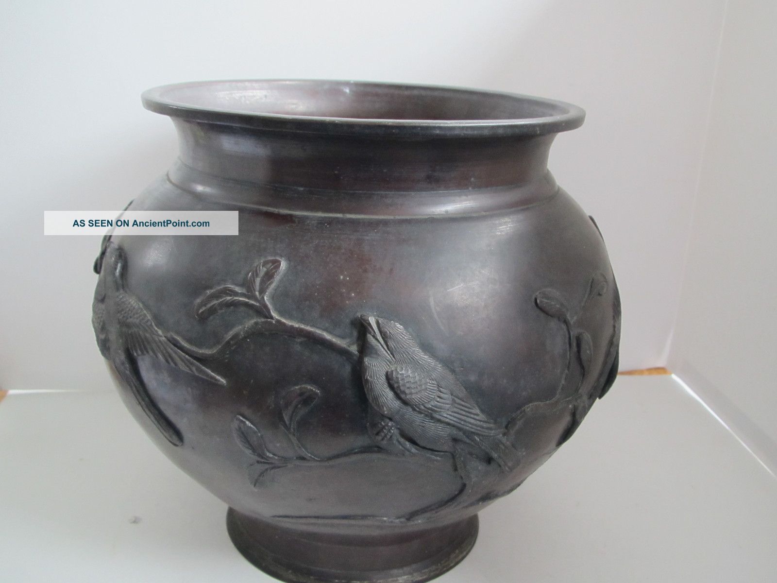 Antique Japanese Bronze Pot With Birds And Branches Relief 8.  75 
