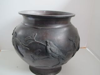 Antique Japanese Bronze Pot With Birds And Branches Relief 8.  75 