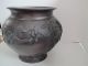 Antique Japanese Bronze Pot With Birds And Branches Relief 8.  75 