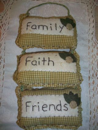 3 Primitive Faith Family Friends Pillows Ornaments Ornies Country Home Decor photo