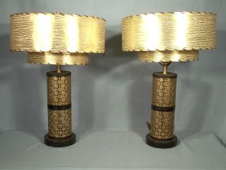 Pair Pierced Brass Lamps With Shades - Mid Century Modern photo