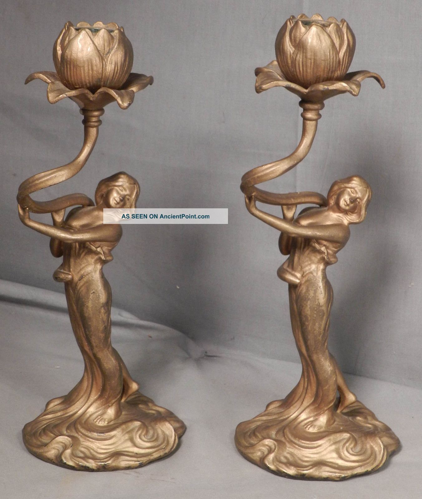 Pair Figural Art Nouveau Female Candlesticks Holder Sculpture Statue Gilt Silver Metalware photo