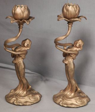 Pair Figural Art Nouveau Female Candlesticks Holder Sculpture Statue Gilt Silver photo