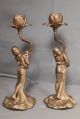 Pair Figural Art Nouveau Female Candlesticks Holder Sculpture Statue Gilt Silver Metalware photo 8