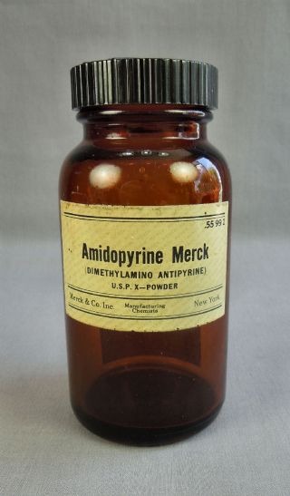 Vtg Merck Amber Glass Apothecary Bottle W Bakelite Lid Cap Amidopyrine photo