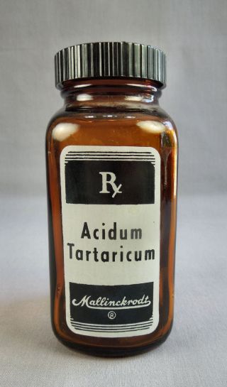 Vtg Mallinkcrodt Amber Glass Apothecary Bottle W Bakelite Lid Cap Tartaric Acid photo