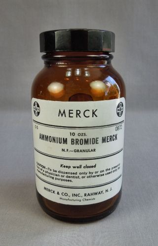 Vtg Merck Amber Glass Apothecary Bottle W Bakelite Lid Cap Ammonium Bromide photo