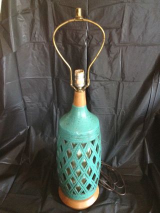Vintage Mid - Century Ceramic Table Lamp Turquioise W/ Lattice Design photo