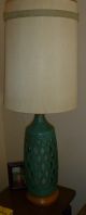 Vintage Mid - Century Ceramic Table Lamp Turquioise W/ Lattice Design Lamps photo 6