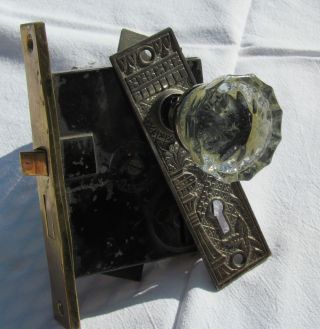 Antique Early 1900 ' S Clear Glass Door Knob,  Steel Back Plate & Lock Set photo