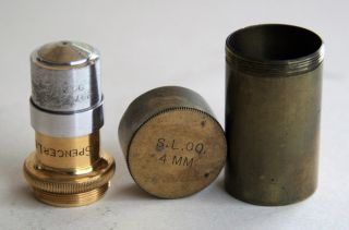 Spencer Lens Co Antique Brass 2mm 90x Apochromat Objective Lens W/brass Canister photo