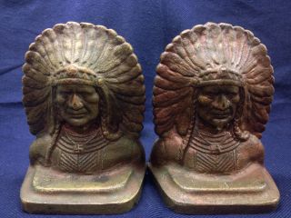 Antique Pre Wwii Indian Chief Brass Bookends Whirling Log Swastika Sachem Native photo