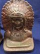 Antique Pre Wwii Indian Chief Brass Bookends Whirling Log Swastika Sachem Native Metalware photo 3