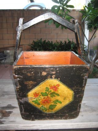 Old Vintage Large Square Hand - Made & Plated Wooden Water Bucket With Handle photo