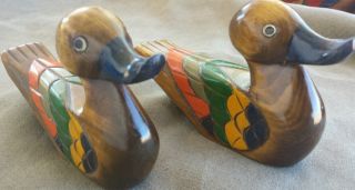 2 Antique Vintage Hand Carved Wood Decoy Ducks photo