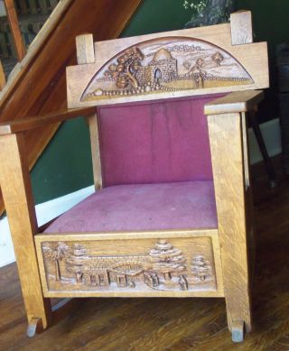 Vintage Mission Arts & Crafts Hand Carved Scene Oak Wooden Rocking Chair photo