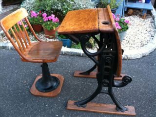 Antique Oak Student School House Desk + Chair W Black Iron Trim Refinished photo