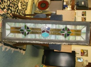 Antique Stained Glass Window In Wood Frame Facuet Cut Opalescent Buttons photo