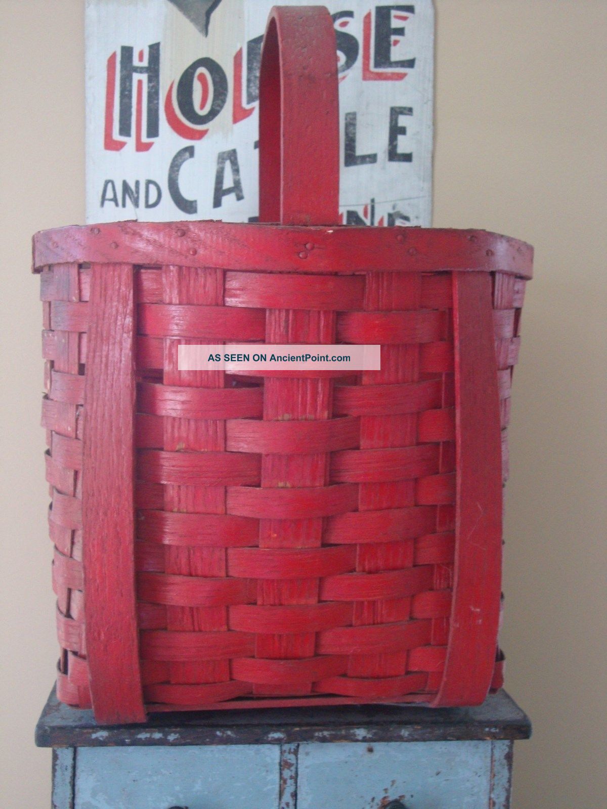 Large Old Antique Red Painted Basket Aafa Primitives photo