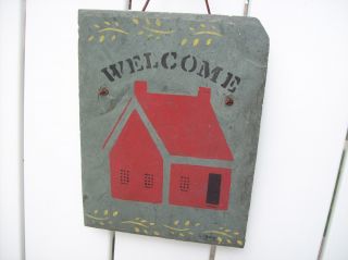 Primitive Slate Welcome Sign W/barn & Stencils Distressed Rustic Country Hanger photo